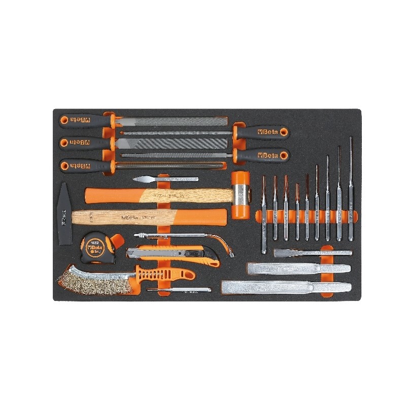 Plateau thermoformé souple BETA Série M M230 25 marteaux, burins, chasse-goupilles et limes